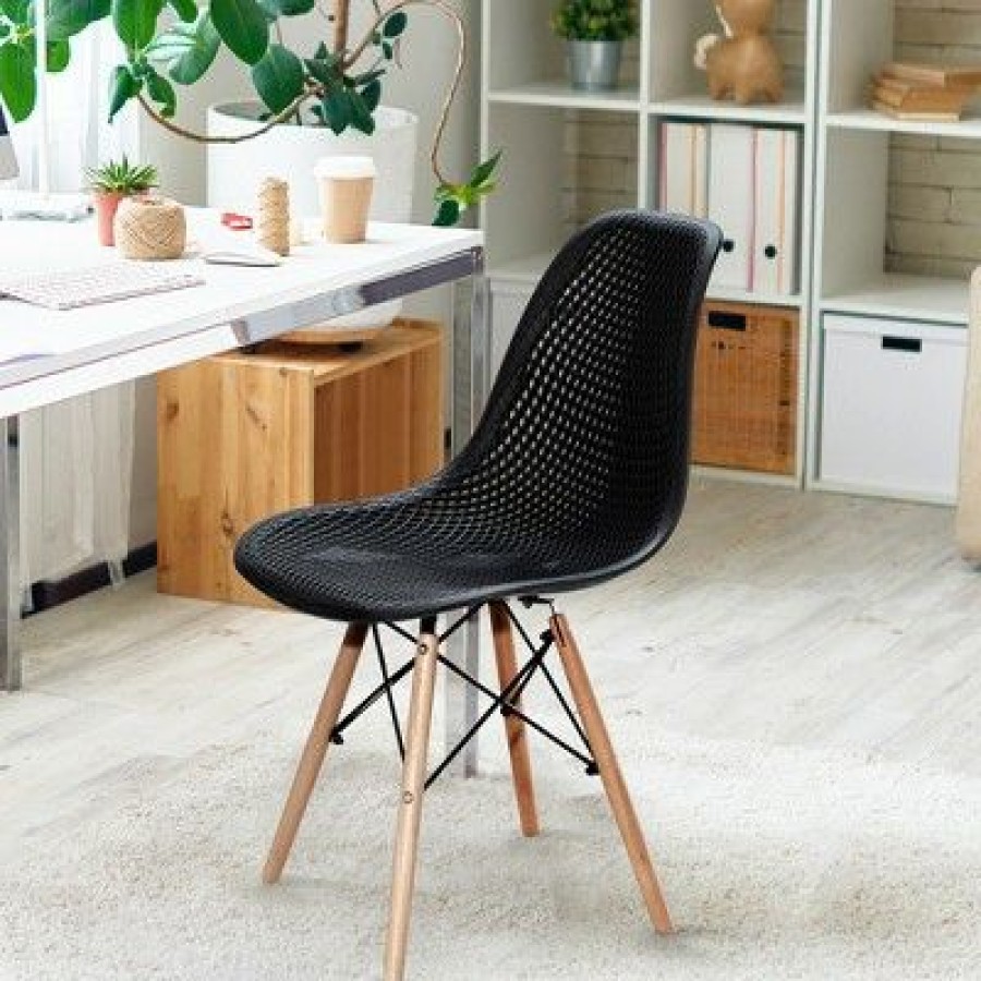 Costway Set Of 4 Plastic Hollow Out Chair Mid Century Modern Wood-Leg Seat | * Best