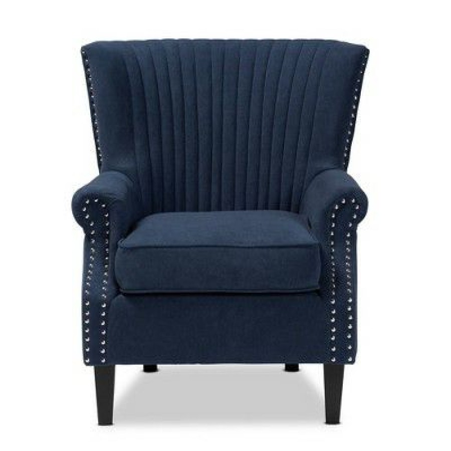 Wilhelm Velvet Wood Armchair Blue/Dark Brown Baxton Studio | * Best