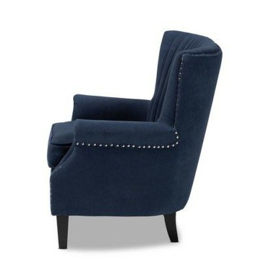 Wilhelm Velvet Wood Armchair Blue/Dark Brown Baxton Studio | * Best