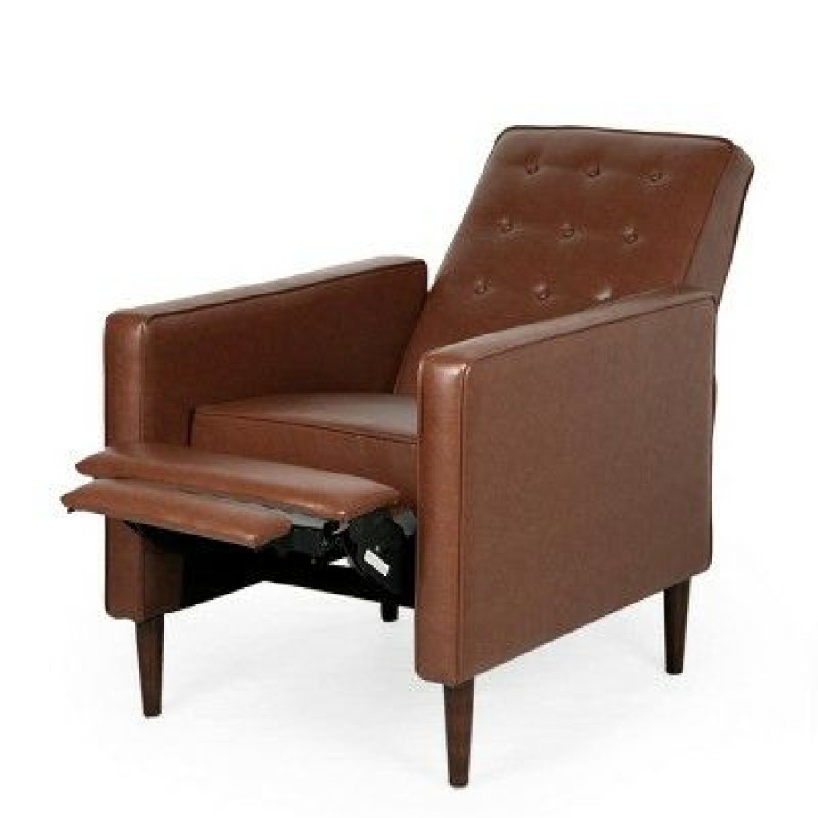 Mervynn Mid-Century Modern Button Tufted Recliner Cognac Brown/Dark Espresso Christopher Knight Home | * Best