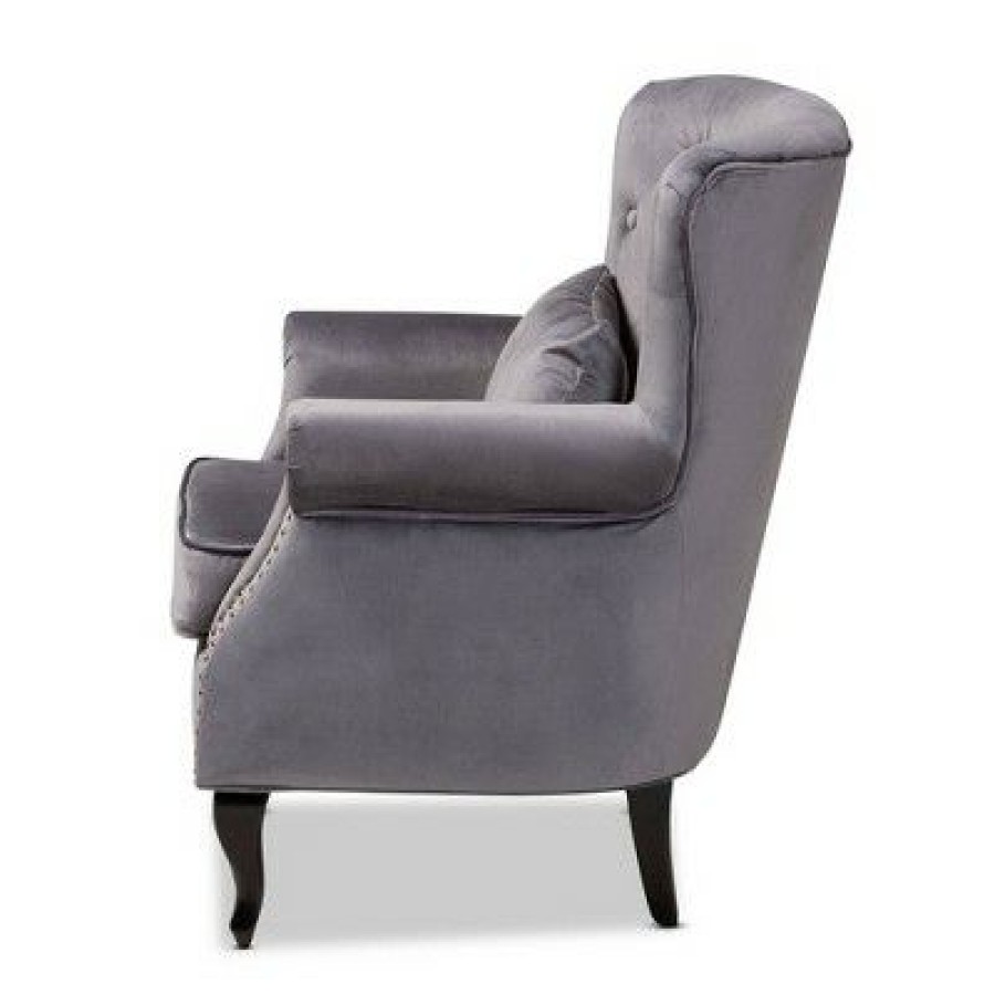 Fletcher Velvet And Wood Armchair Gray/Dark Brown Baxton Studio | * Wholesale