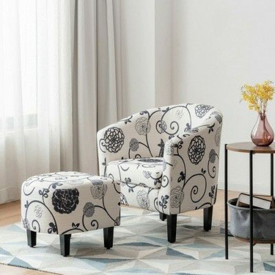 Costway Modern Accent Tub Chair&Ottoman Set Fabric Upholstered Club Chair Grey Floral | * Clearance