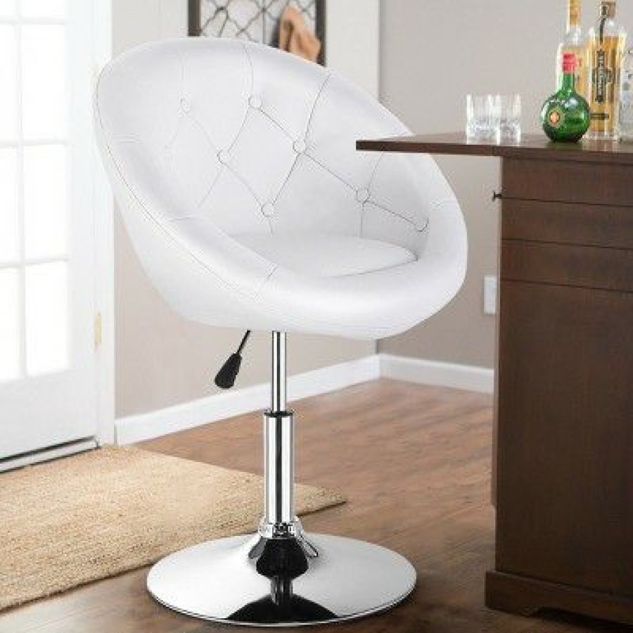 Costway 1Pc Adjustable Modern Swivel Round Tufted Back Accent Chair Pu Leather White | * Hot