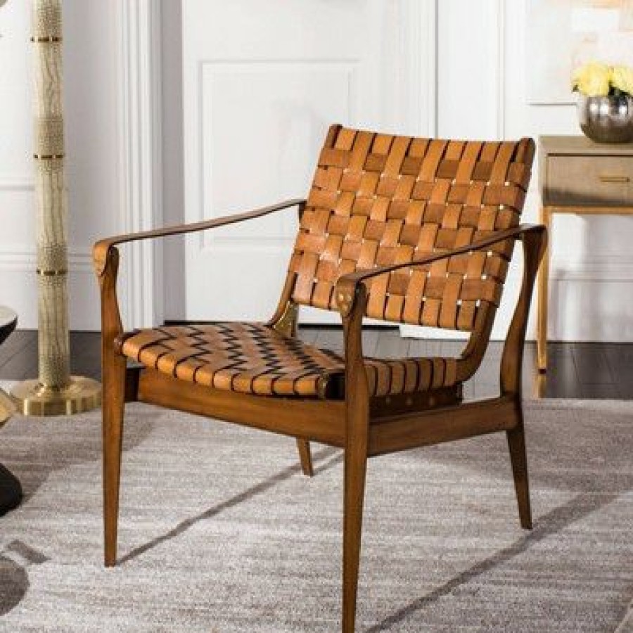 Dilan Leather Safari Chair Brown/Light Brown Safavieh | * Online