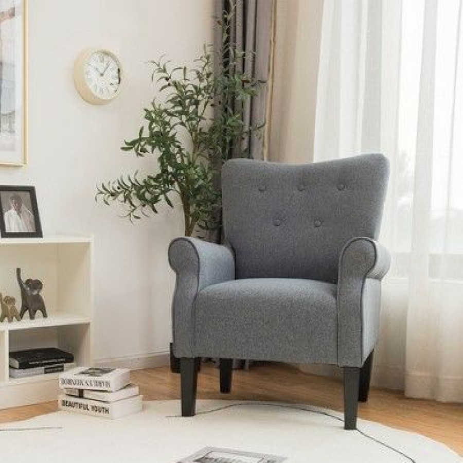 Costway Modern Accent Chair Fabric Armchair W/ Rubber Wood Legs & Tufted | * Clearance