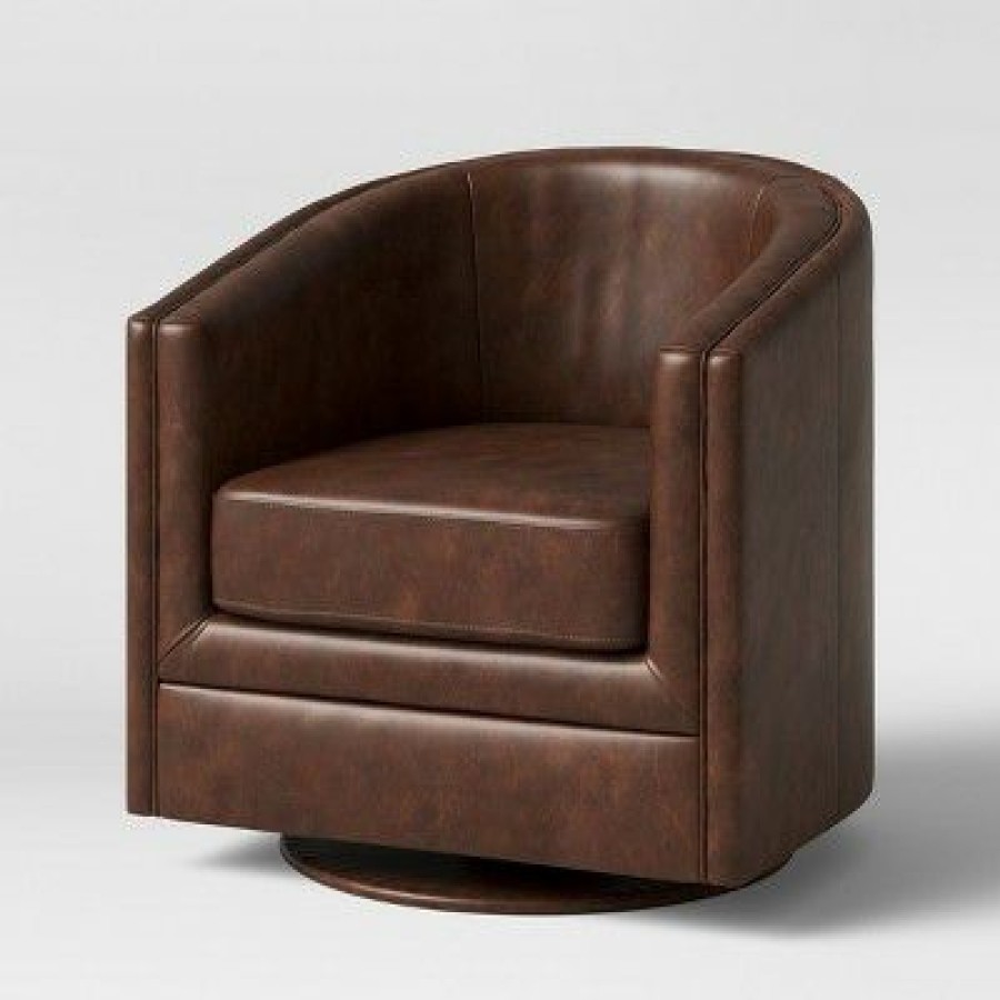 Berwick Barrel Swivel Chair Faux Leather Brown Threshold | * New