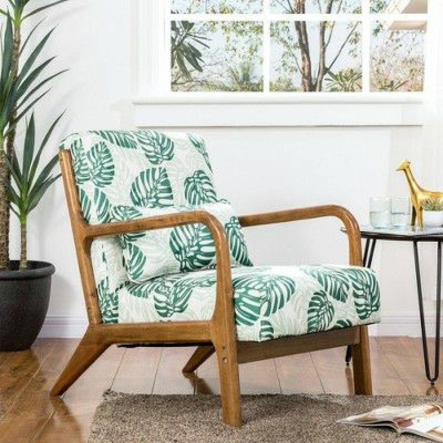 Accent Armchair With Walnut Ruberwood Frame Green/Fabric Pattern Glitzhome | * Wholesale