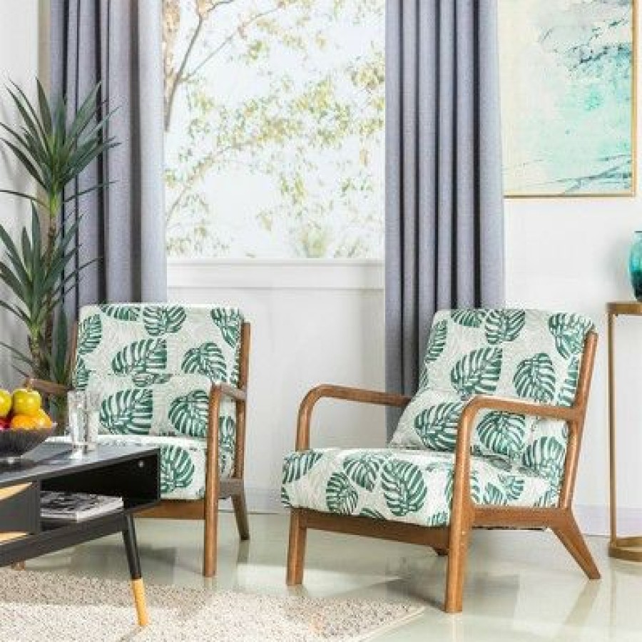 Accent Armchair With Walnut Ruberwood Frame Green/Fabric Pattern Glitzhome | * Wholesale