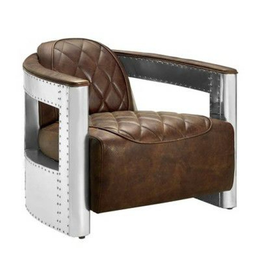 Riveted Leather Aviation Armchair Barrel Brown Homefare | * New