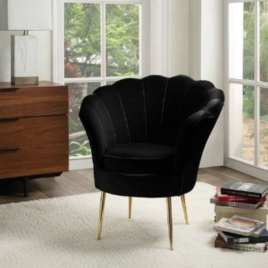 Simple Relax Velvet Scalloped Back Barrel Accent Chair With Metal Legs In Black | * Best