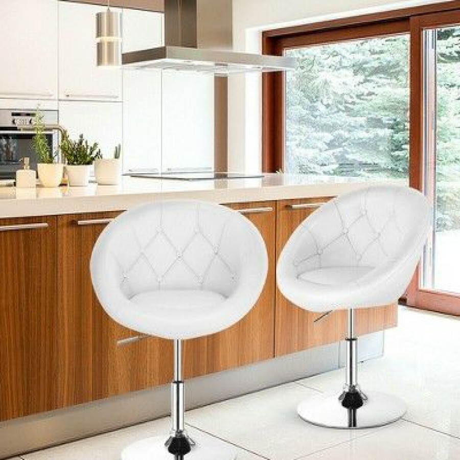 Costway Set Of 2 Swivel Bar Stools Height Adjustable Round Tufted Back Bar Chairs White | * Clearance