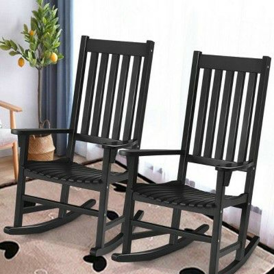 Costway 2Pcs Wood Rocking Chair Porch Rocker High Back Garden Seat Indoor Outdoor | * Hot