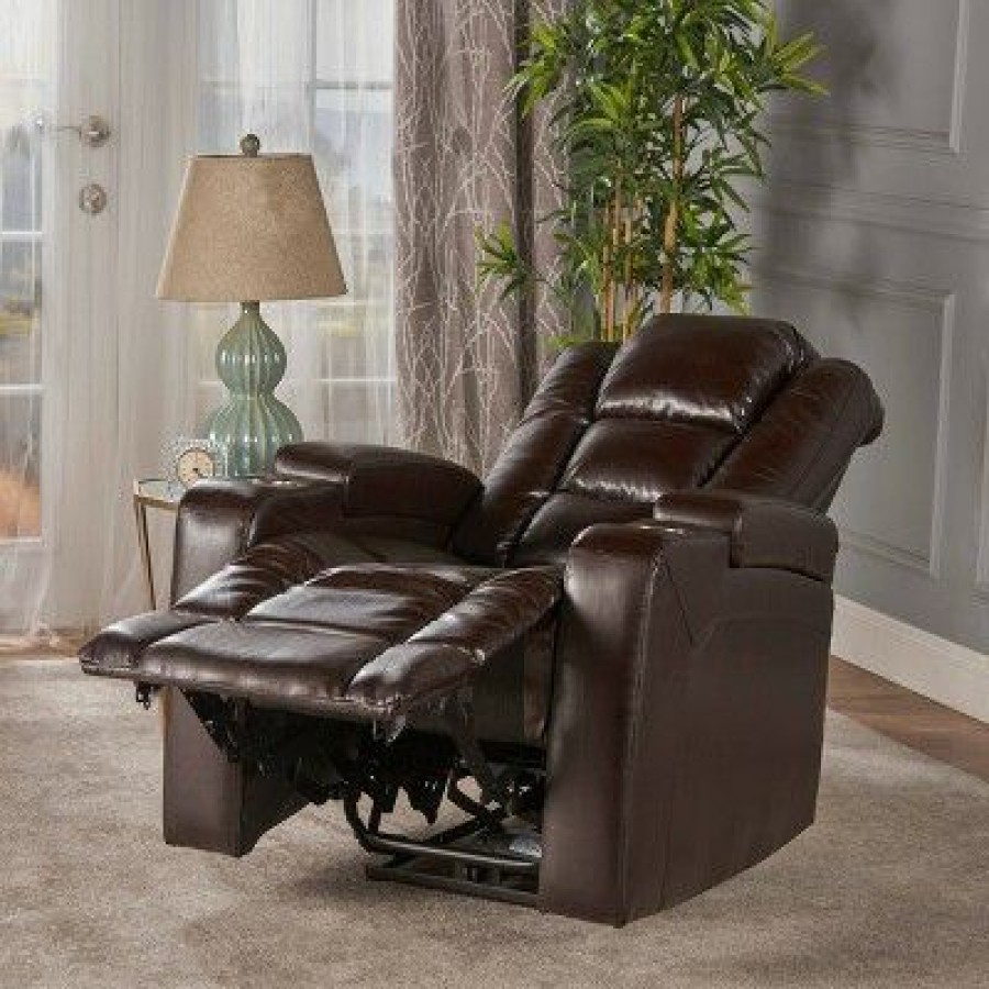 Emersyn Tufted Leather Power Recliner With Arm Storage And Usb Cord Brown Christopher Knight Home | * Hot