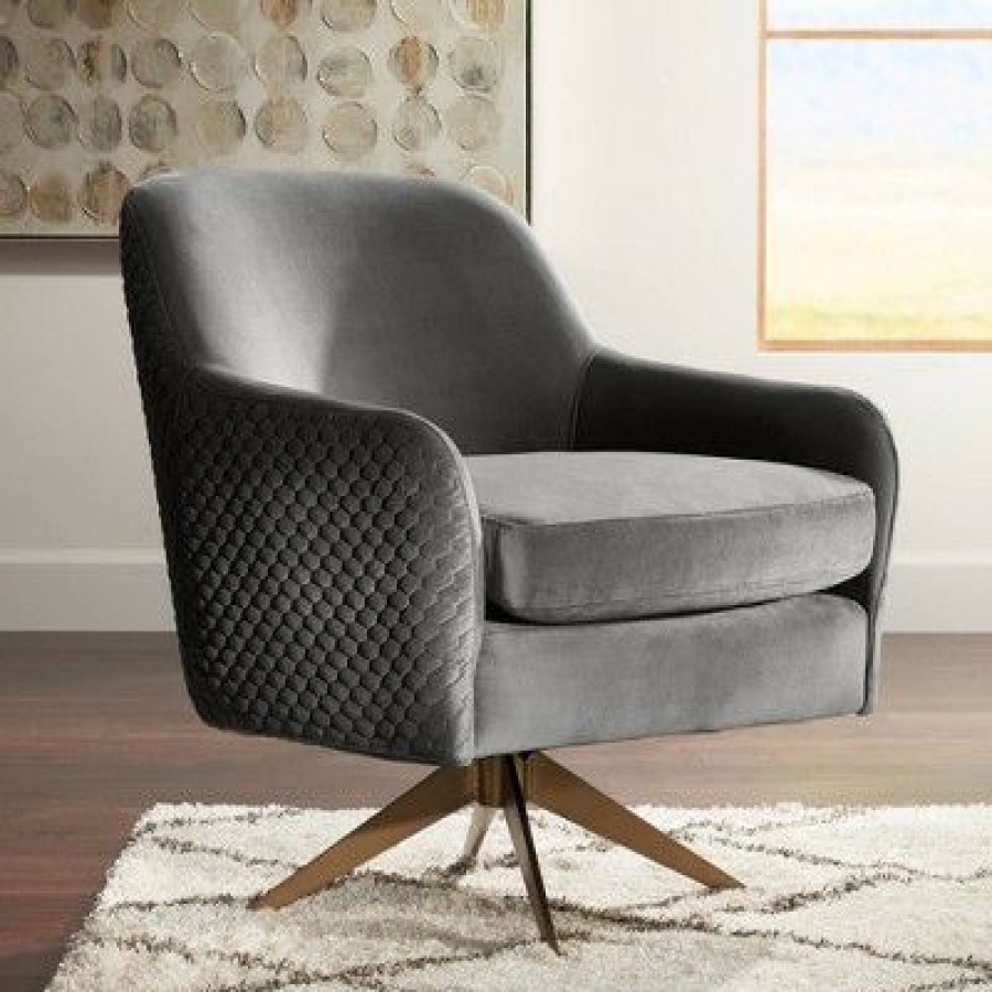 Studio 55D Ames Quilted Gray Velvet Swivel Chair | * Hot