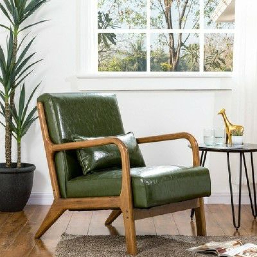 Accent Armchair With Walnut Ruberwood Frame Green Glitzhome | * Clearance