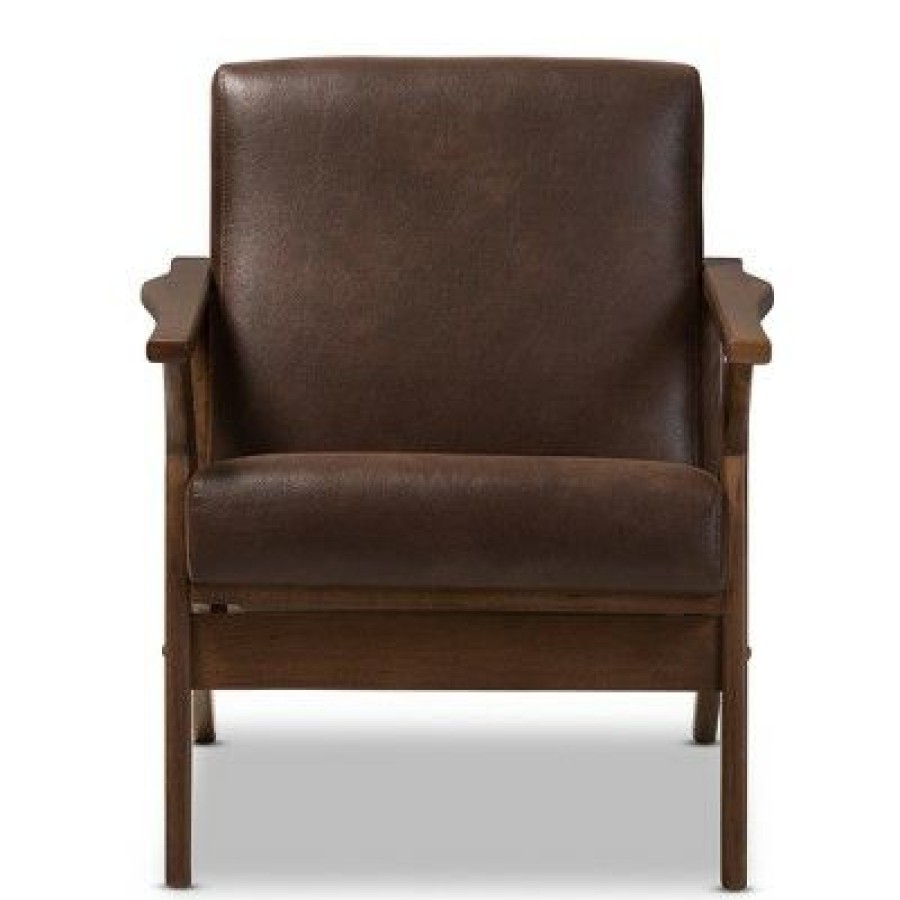 Bianca Mid Century Modern Walnut Wood Distressed Faux Leather Lounge Chair Dark Brown Baxton Studio | * Hot