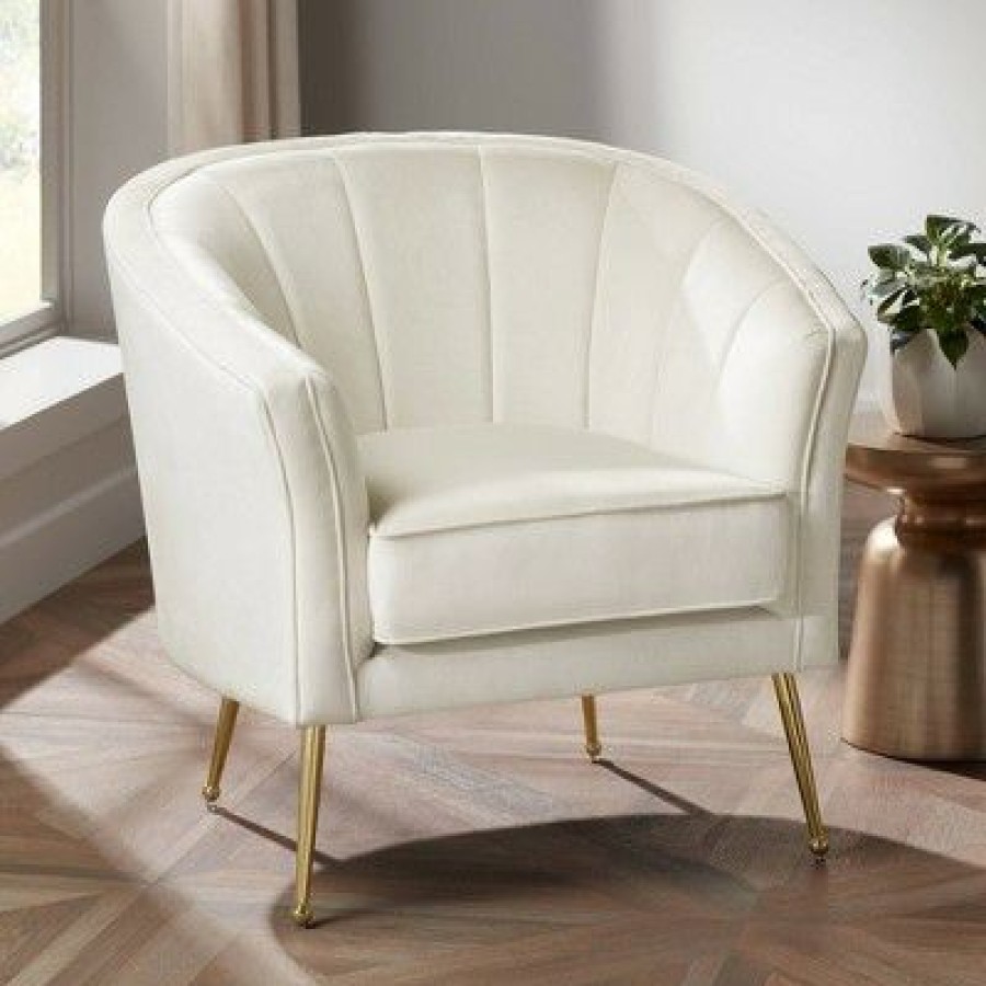 55 Downing Street Leighton White Velvet And Gold Tufted Accent Chair | * New