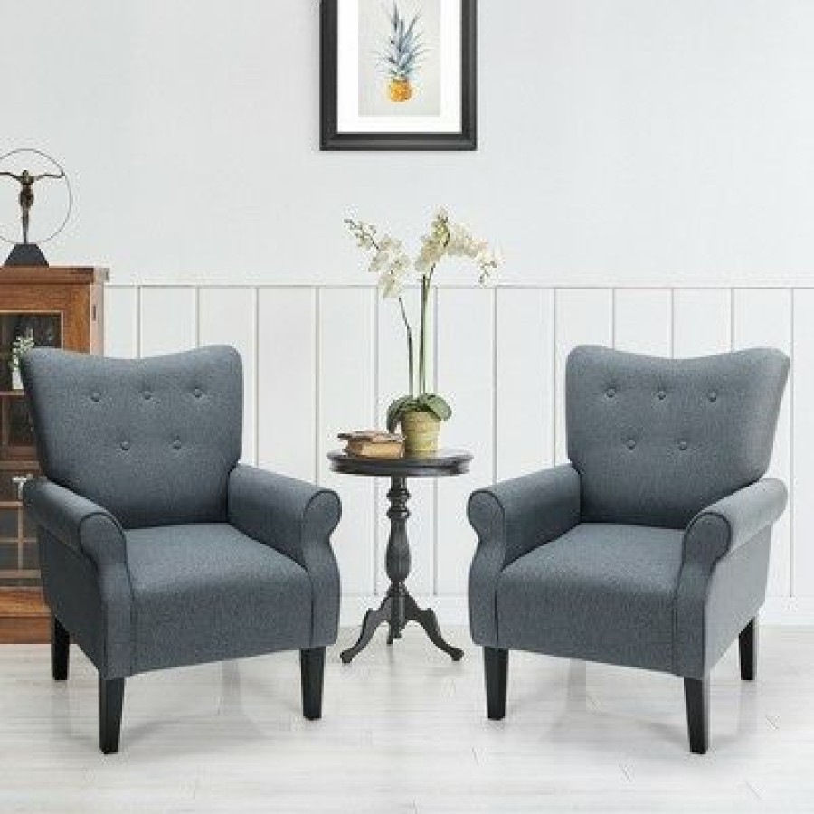 Costway Set Of 2 Modern Fabric Accent Chairs W/ Rubber Wood Legs & Tufted | * Best