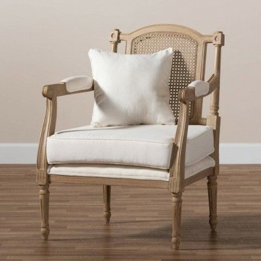 Clemence Upholstered Whitewashed Wood Accent Chair Ivory/Oak Baxton Studio | * Best