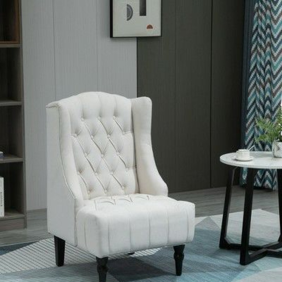 Homcom Linen Fabric Button Tufted Tall Wingback Accent Chair With Wooden Legs | * New