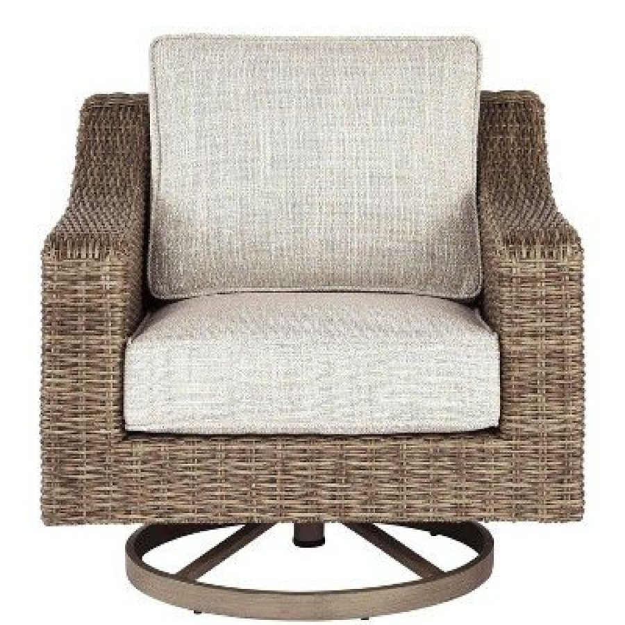 Woven Swivel Chair With Cushioned Seat Brown/Beige Benzara | * Clearance