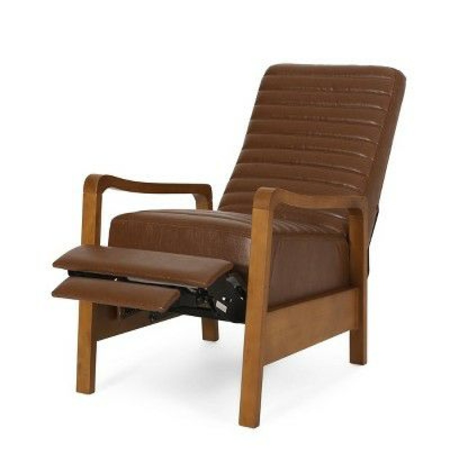 Munro Contemporary Channel Stitch Pushback Recliner Cognac Brown/Teak Christopher Knight Home | * Hot