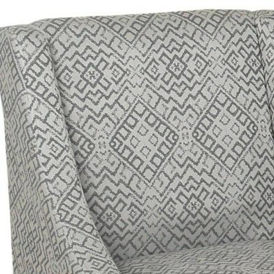 Geometric Pattern Fabric Upholstered Wooden Accent Chair With Swooping Armrests Gray/Brown Benzara | * Wholesale