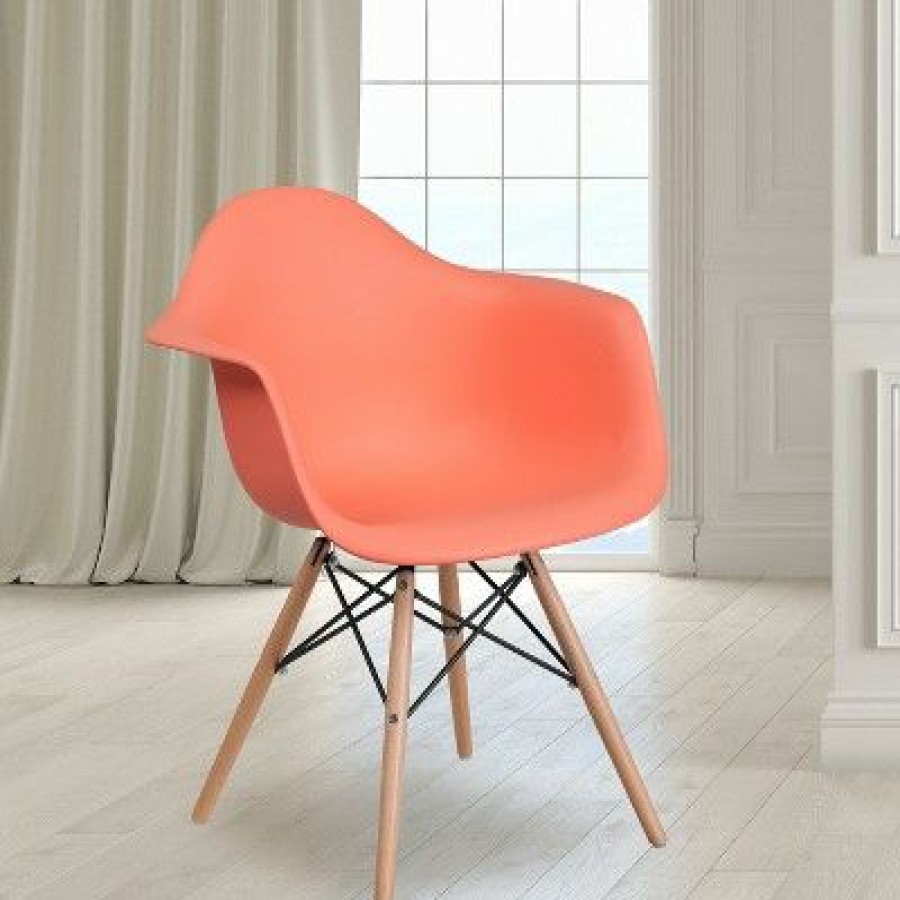 Emma And Oliver Plastic Accent Dining Chair With Arms And Wooden Legs | * Wholesale