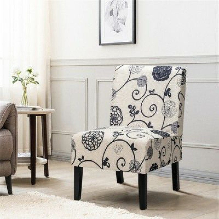 Costway Armless Accent Fabric Leisure Chair W/Rubber Wood Legs Print | * New