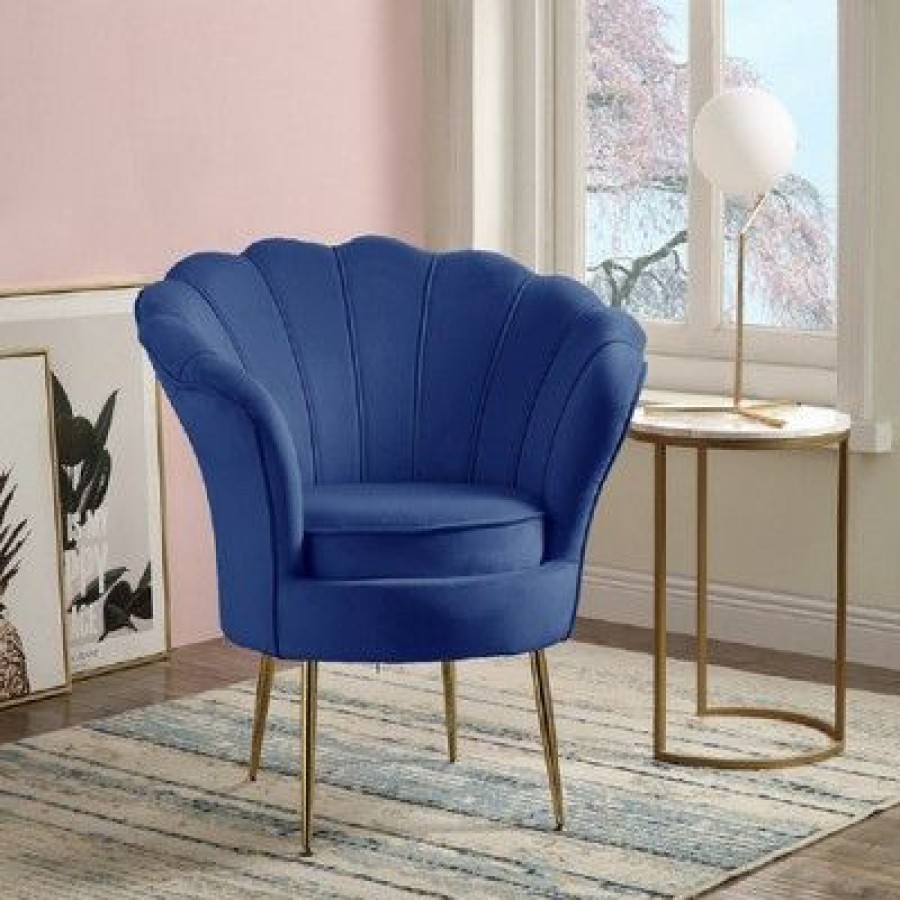 Simple Relax Velvet Scalloped Back Barrel Accent Chair With Metal Legs In Blue | * Best