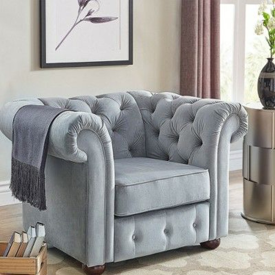 Beekman Place Button Tufted Chesterfield Velvet Armchair Smoke Gray Inspire Q | * Wholesale