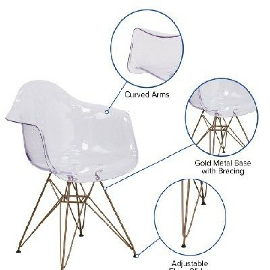 Flash Furniture Alonza Series Transparent Side Chair With Gold Base | * New