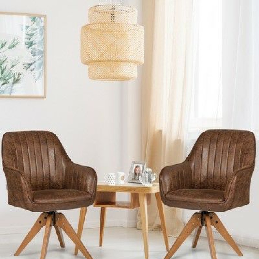 Costway Set Of 2 Mid Century Swivel Accent Chair Hot-Stamping Cloth Retro Brown | * Online