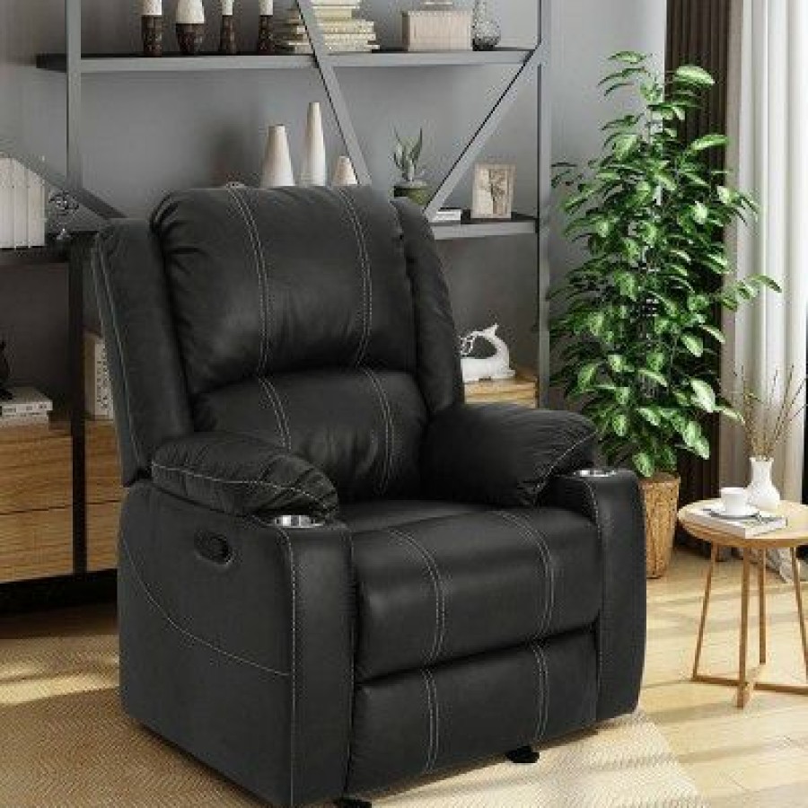 Sarina Traditional Leather Recliner With Steel Cup Holders Black Christopher Knight Home | * New