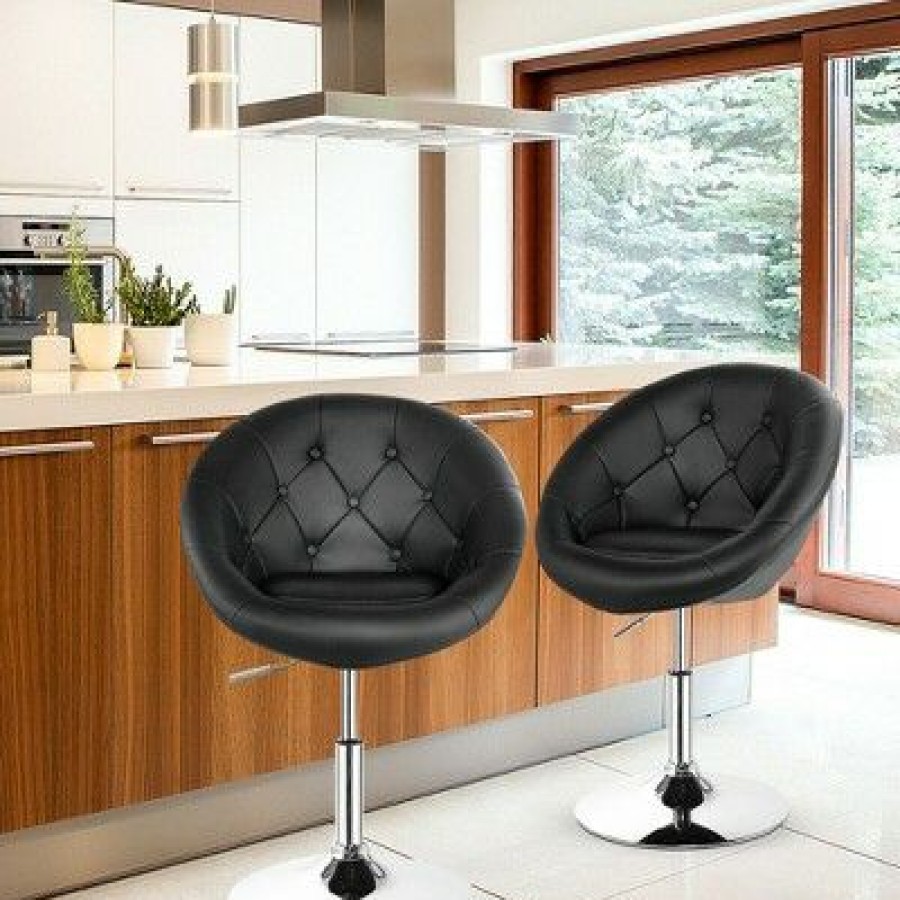 Costway Set Of 2 Swivel Bar Stools Height Adjustable Round Tufted Back Bar Chairs Black | * Wholesale