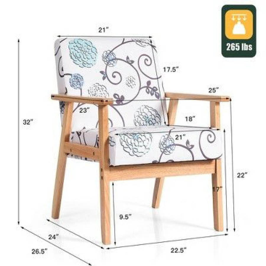 Costway Modern Accent Armchair Fabric Lounge Chair W/Rubber Wood Leg White&Blue Floral | * Hot