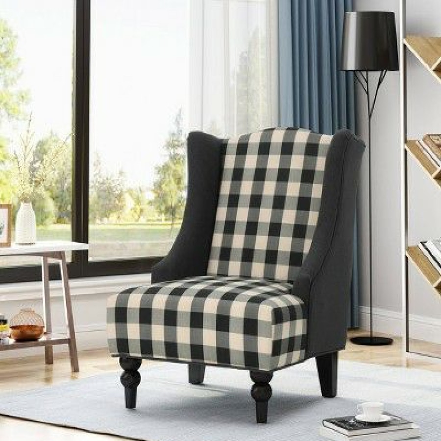 Toddman High-Back Club Chair Checkerboard Black/Dark Charcoal Christopher Knight Home | * Hot