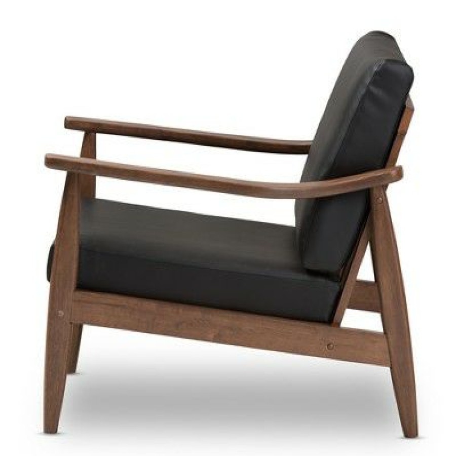 Venza Mid Century Modern Walnut Wood Faux Leather Lounge Chair Black Baxton Studio | * New