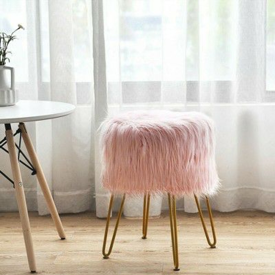 Costway Faux Fur Vanity Chair Makeup Stool Furry Padded Seat Round Ottoman / | * Best