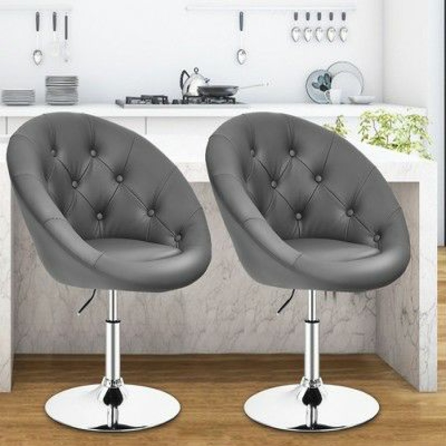 Costway Set Of 2 Bar Stools Swivel Vanity Accent Chairs W/Round Tufted Back Grey | * Hot